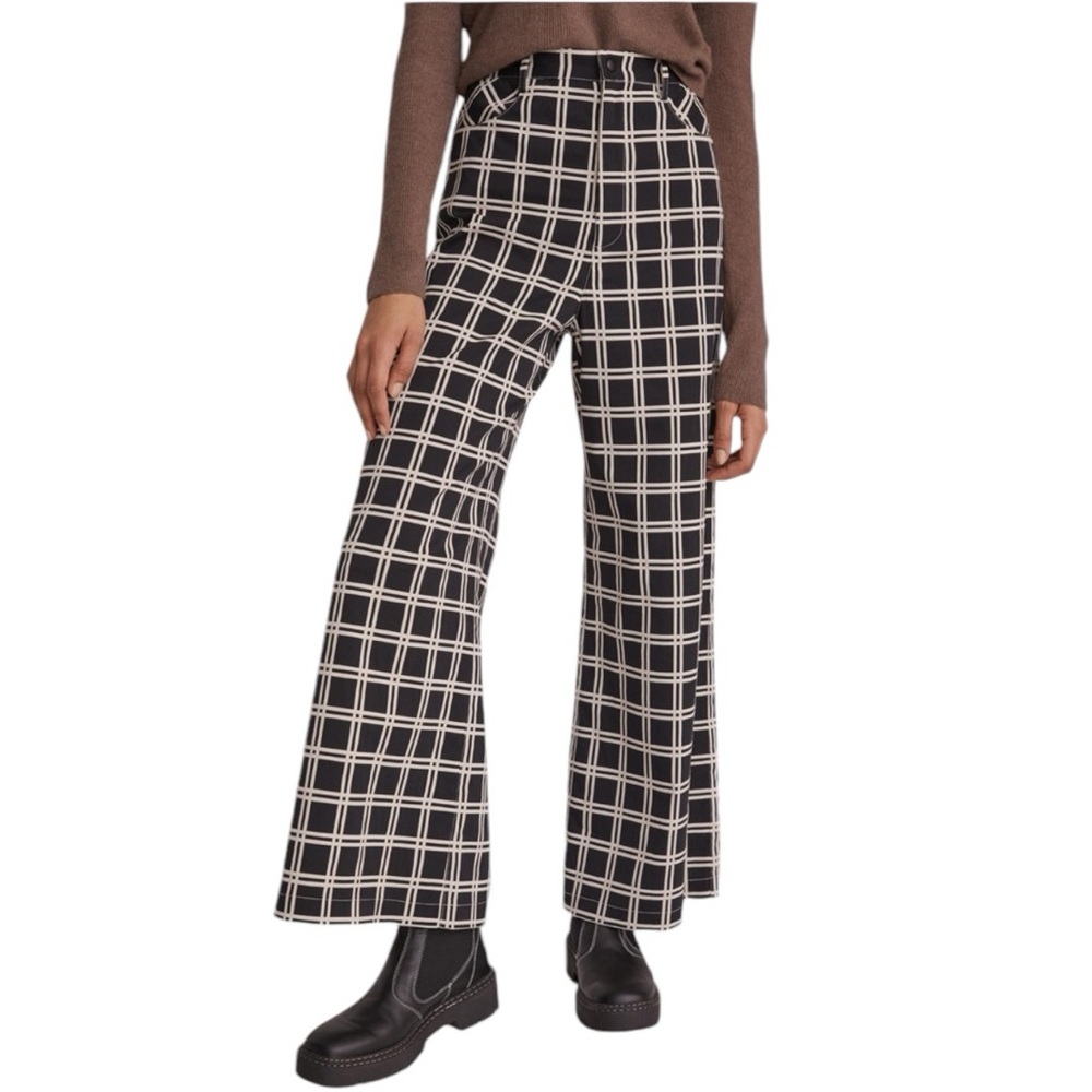 New Anna Sui x Anthropologie Windowpane 8 Med Black Ivory High-Rise Wide Leg USA